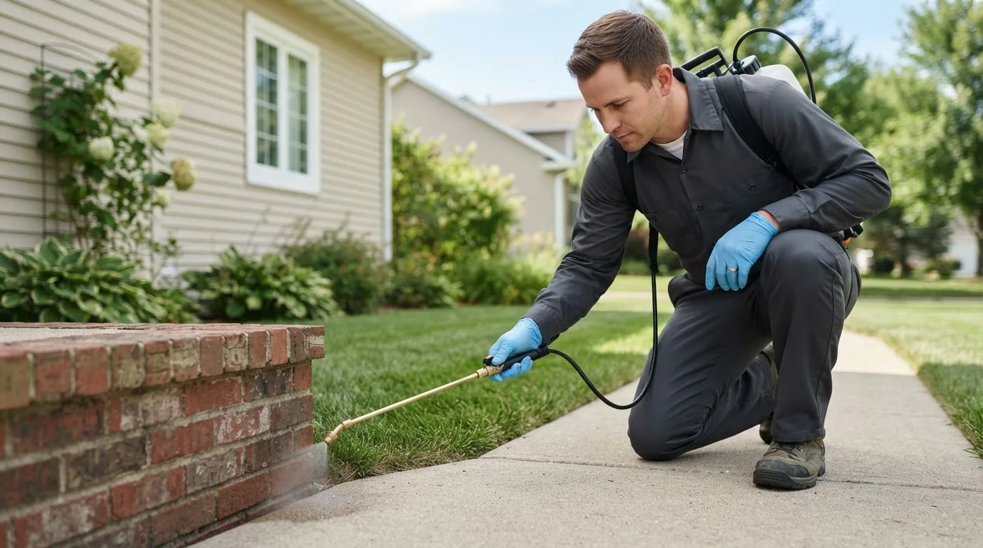 Pest control technician treating a home near Newhall, IA