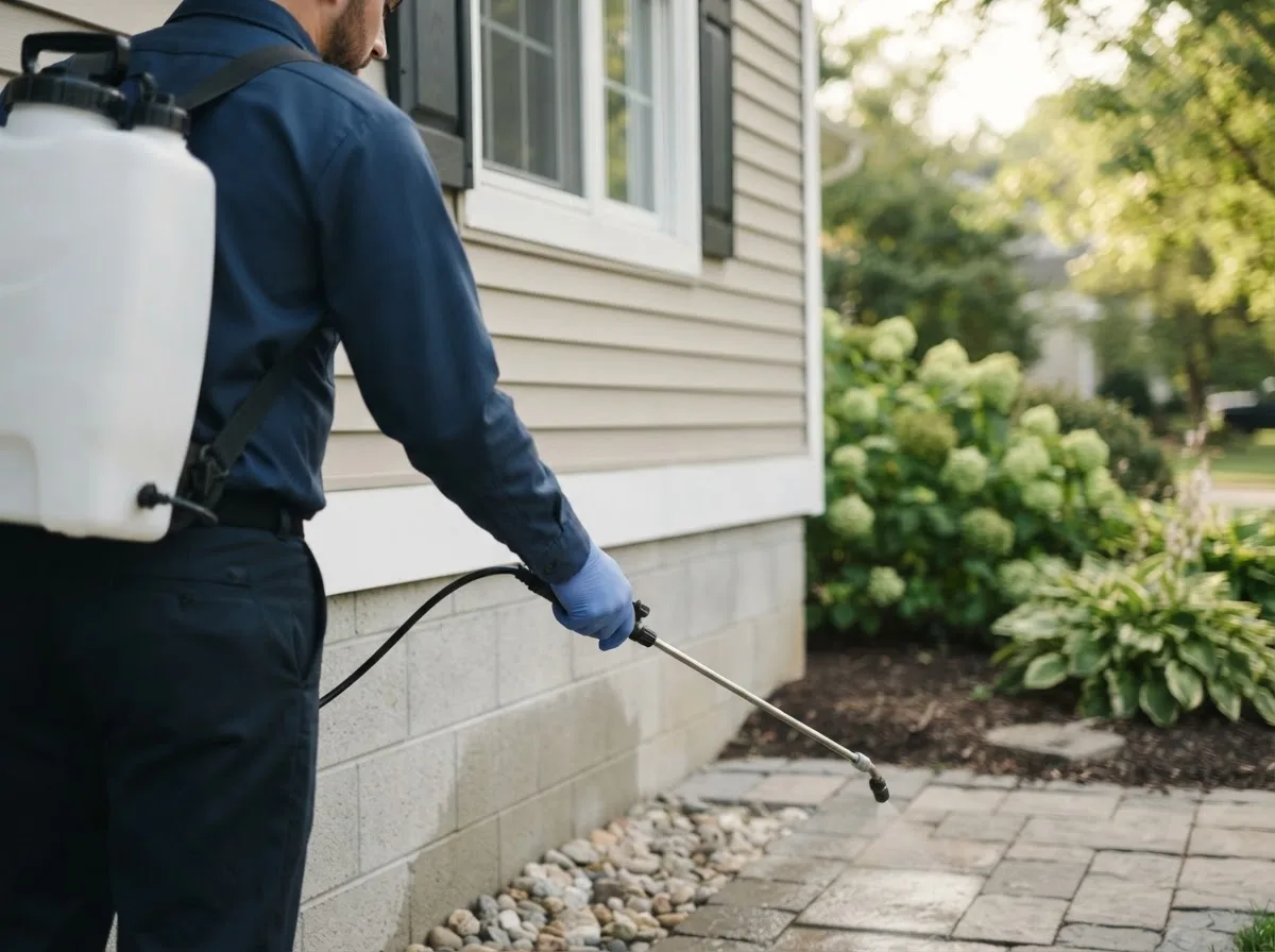 Pest control technician inspecting a home in Newhall, IA